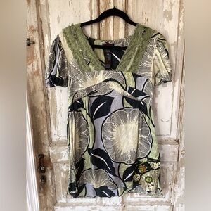 Custo Barcelona Black and Olive Green Floral Silk Top/Embroidery - EU 40 US 8?